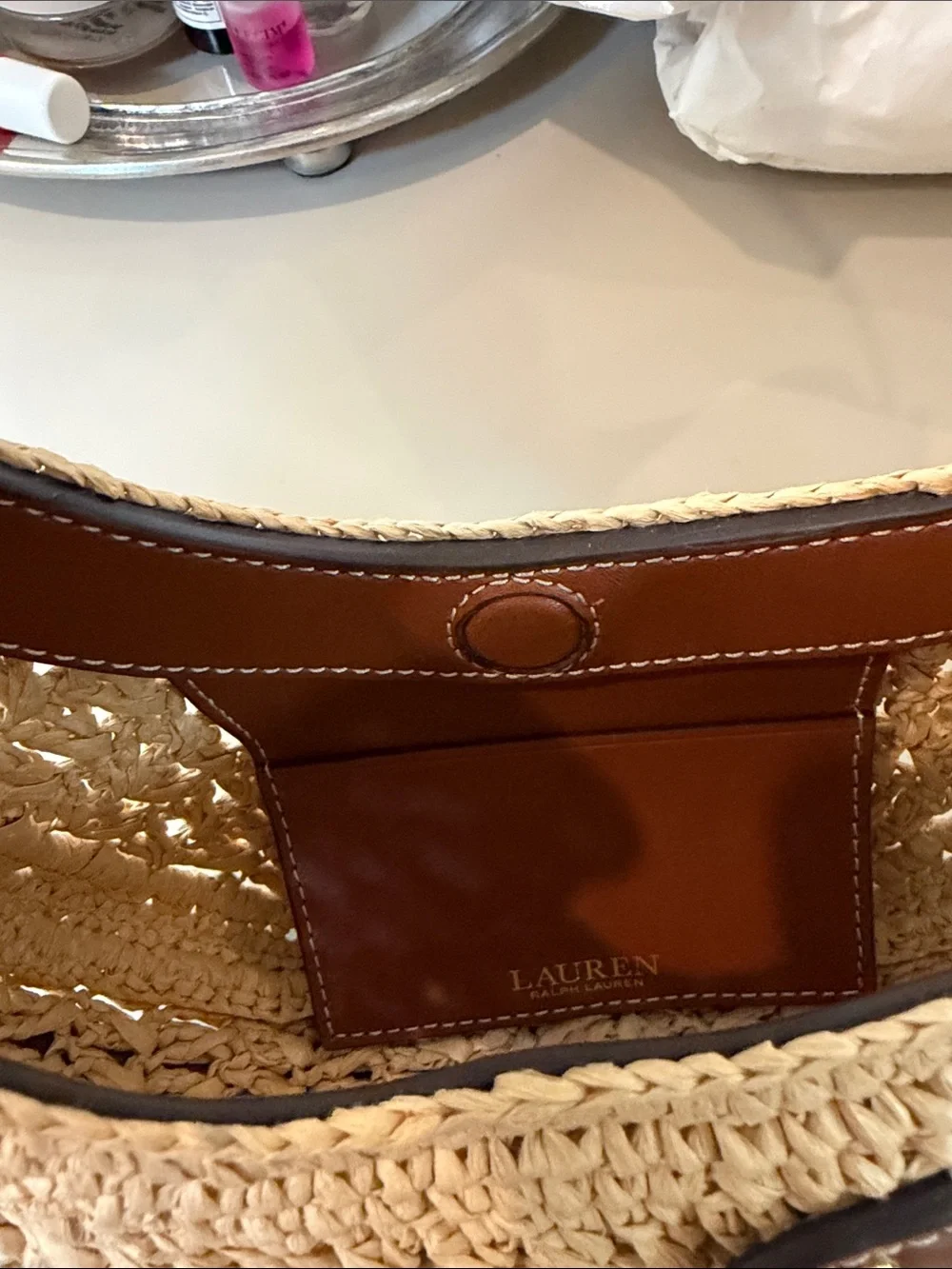 Lauren Ralph Lauren mini woven Straw Bag with Brown Leather Trim - Picture 8 of 10